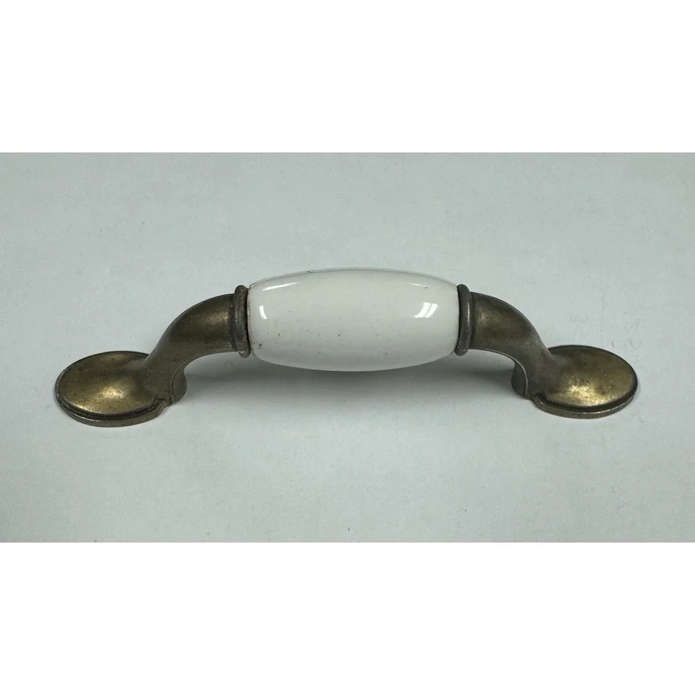 5 Inch White Porcelain Ceramic & Bronze/ Brass Cabinet Door or Drawer Pull EA.